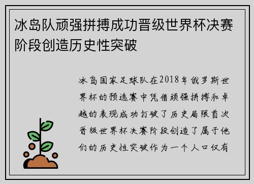 冰岛队顽强拼搏成功晋级世界杯决赛阶段创造历史性突破