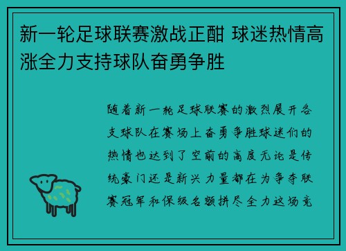 新一轮足球联赛激战正酣 球迷热情高涨全力支持球队奋勇争胜