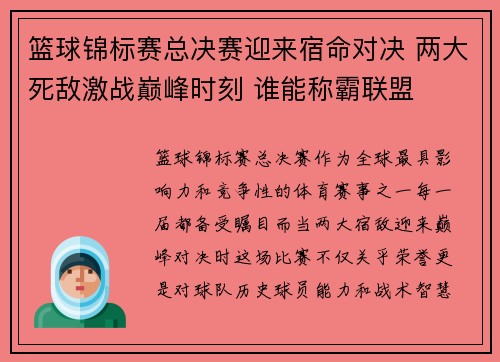 篮球锦标赛总决赛迎来宿命对决 两大死敌激战巅峰时刻 谁能称霸联盟