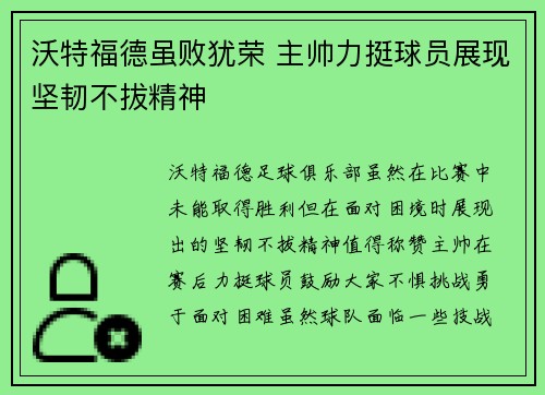 沃特福德虽败犹荣 主帅力挺球员展现坚韧不拔精神